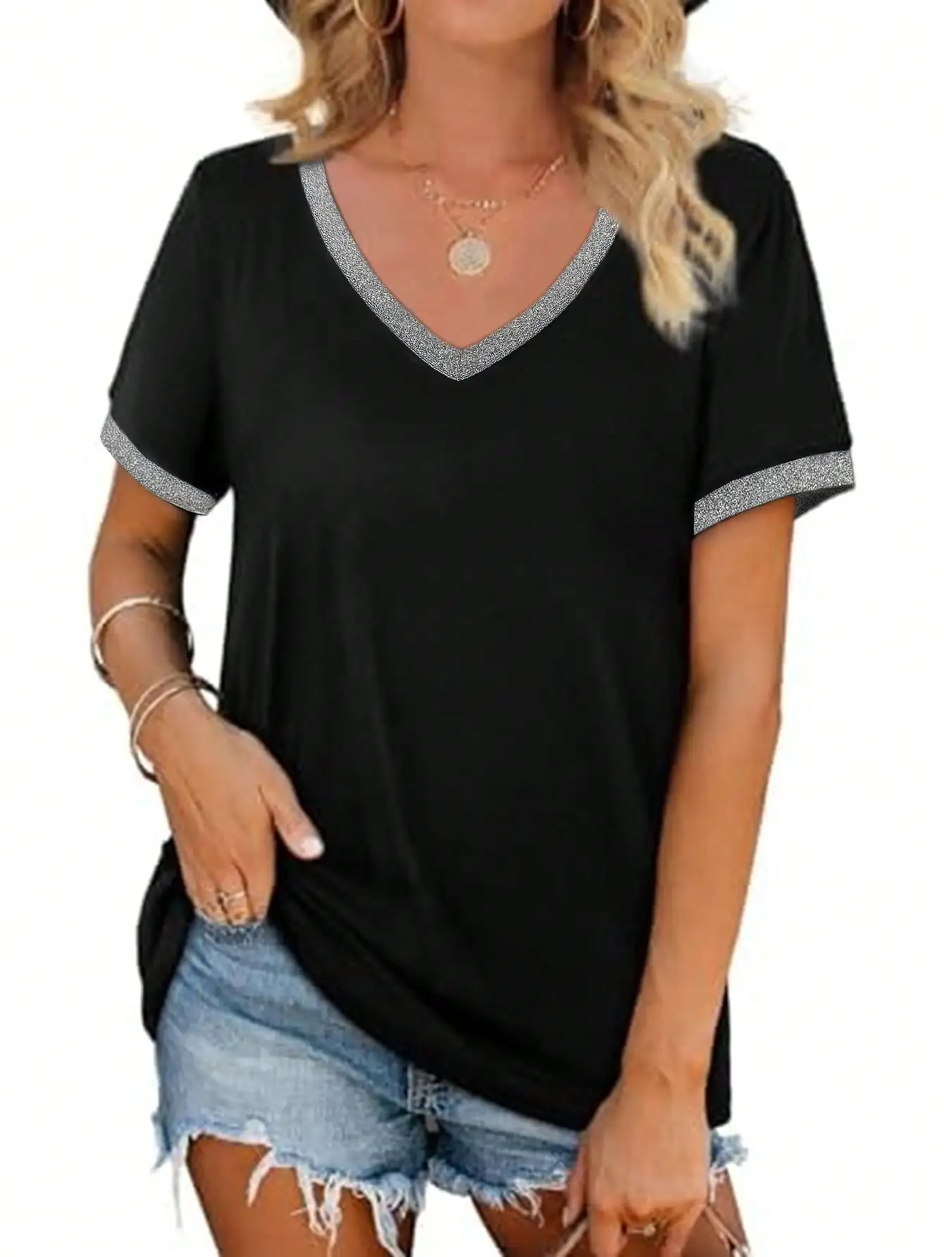 2026 Summer New Fashion Women's Black V Neck Short Sleeve T Shirt With Silver Sequin Trim Casual Summer Loose Fit Top