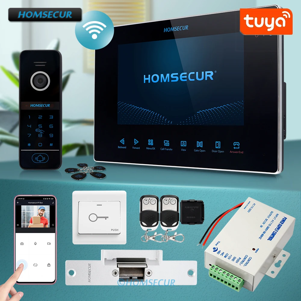 HOMSECUR 4 Wire 7” WIFI Tuya Video Doorphone Intercom System IP65 Doorbell Camera Password RFID Unlock+12V Electric Strike Lock