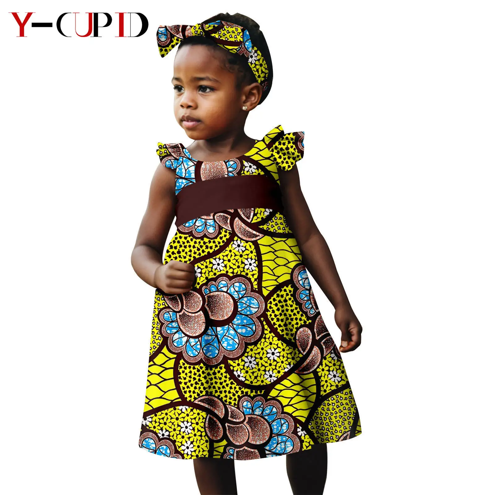 Afrika Kleding Dashiki Meisjes Ankara Print A-Lijn Jurken Met Hoofdband Hoofddoek Bazin Riche Kinderen Outfits Y234027