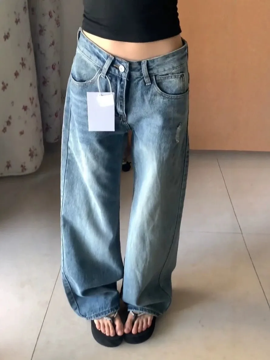 Low Waist Star Pocket Design Casual Straight Leg Jeans Women's American Washed Vintage Loose Fit Denim Pants