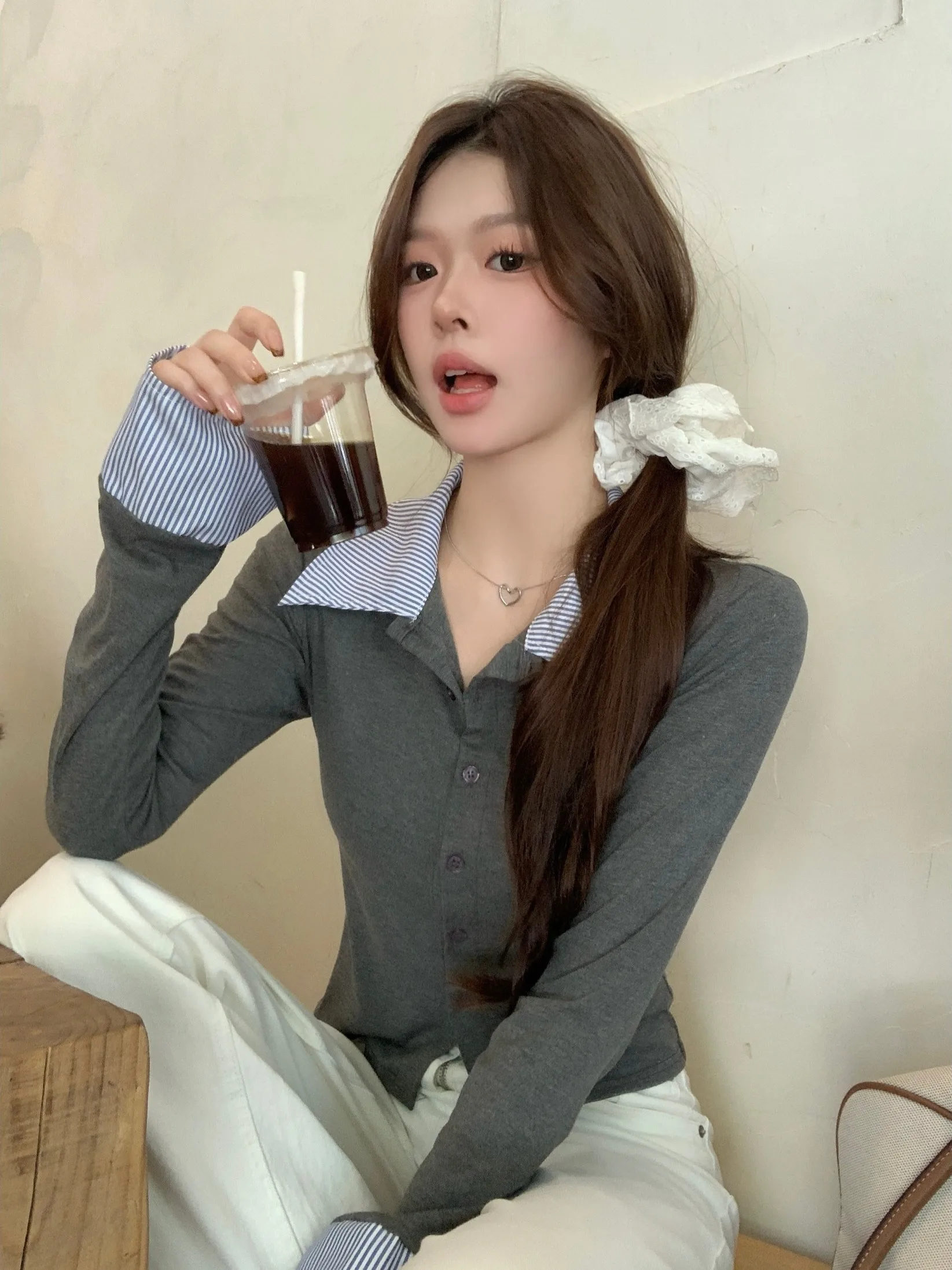 

Slim Fit Knitted Long Sve Ne T-irt Design Sense Apperception Early Autumn Casual Sle Polyester Fiber Tee