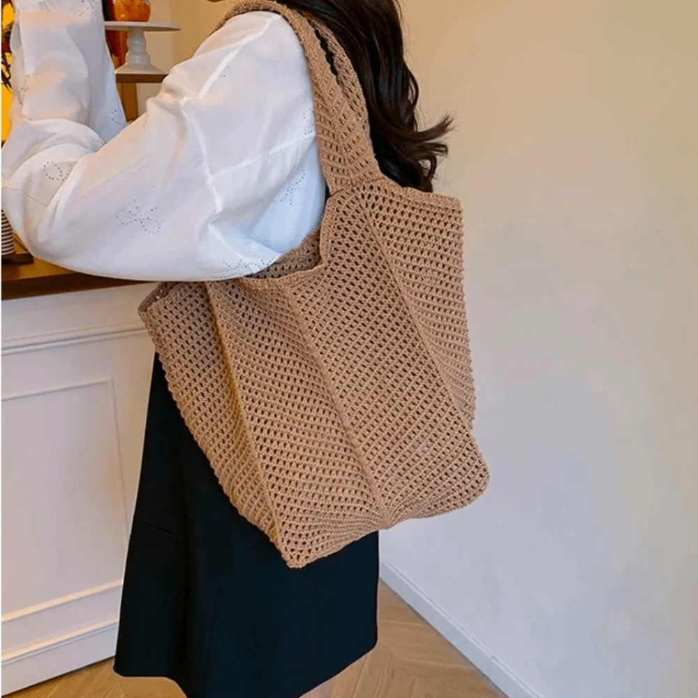 

Solid Color Knitting Shoulder Bag Large Capacity Versatile Bohemian Crochet Tote Bag Hollow Out Elegant Casual Woven Handbag