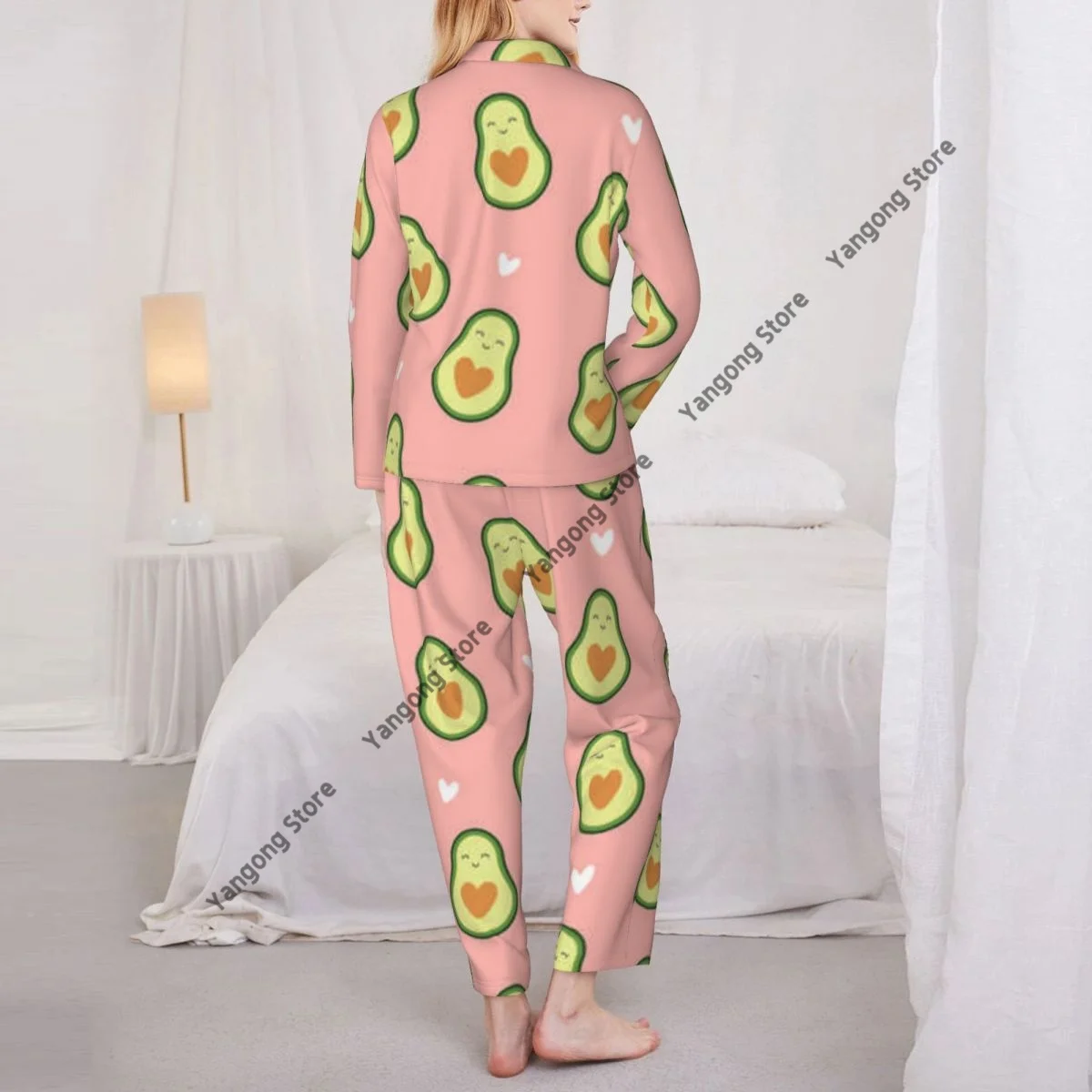 Women Sleepwear Pajamas Cute Avocado With Hearts Shapes Long Sleeve Pijama Female Set Negligee Cardigan Suit image 5
