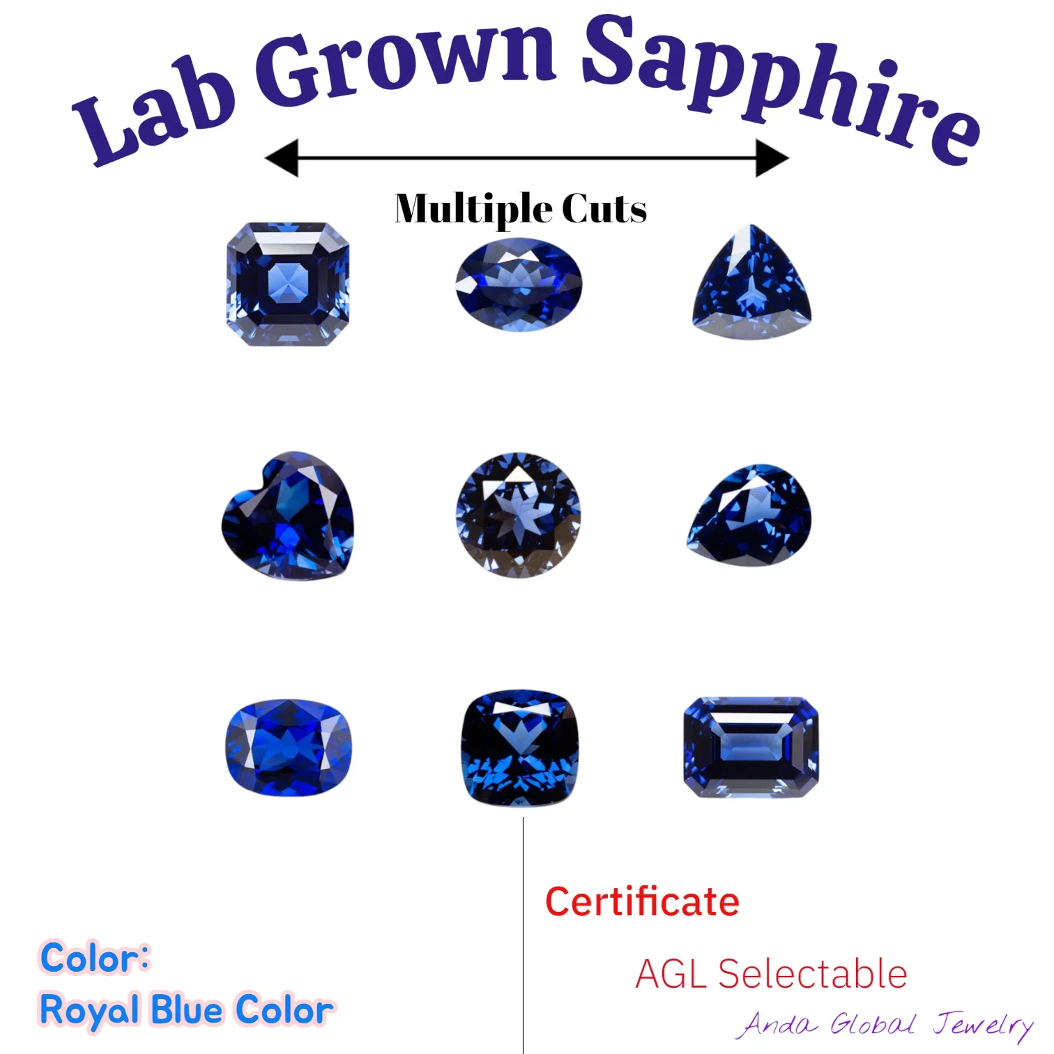 Lab Grown Sapphire Royal Blue Color Multiple Cuts Available Gems for Jewelry Setting&Custom Design Certificate  AGL Selectable-M