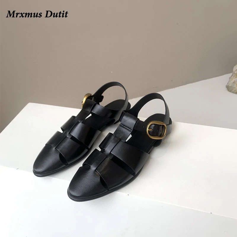 Mrxmus Dutit 2023 Summer New Fashion Women New Vintage Pointed Head Hollow Flat Sandals Versatile Simple Roman Shoes Female Chic