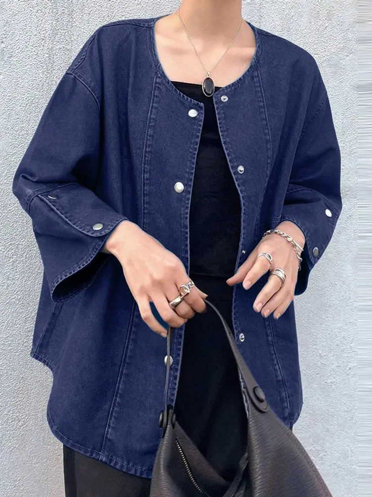 

ZANZEA Fashion Denim Jackets Women Casual Loose Long Sleeve Coats O Neck Buttons Outwears 2025 Solid Color Fashion Cardigan