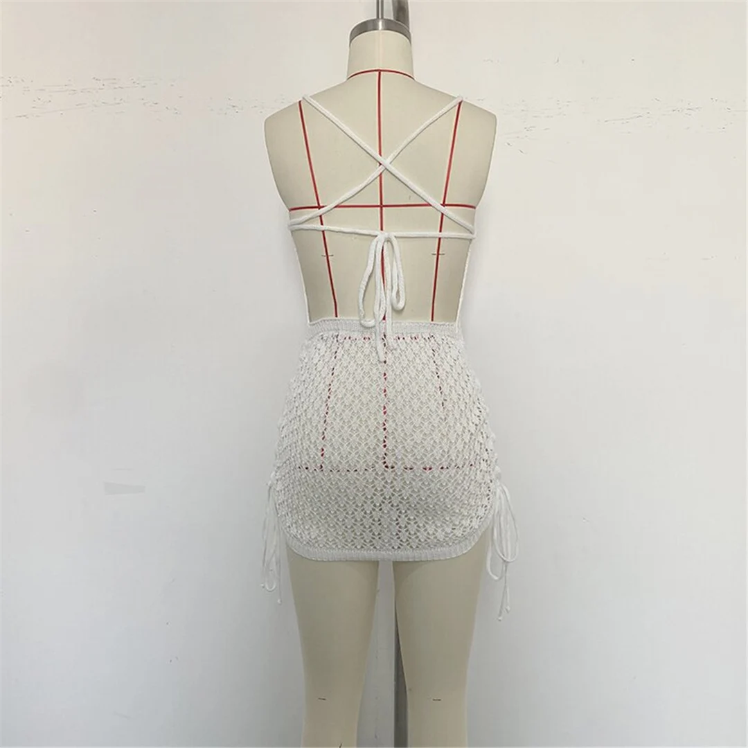 Ausgehöhltes, mit Häkelstrick verziertes Minikleid mit Kreuzrücken, Strandkleid, Strandmode, Strandbekleidung, Strandüberwurf, Damen V6470 – Detail 20