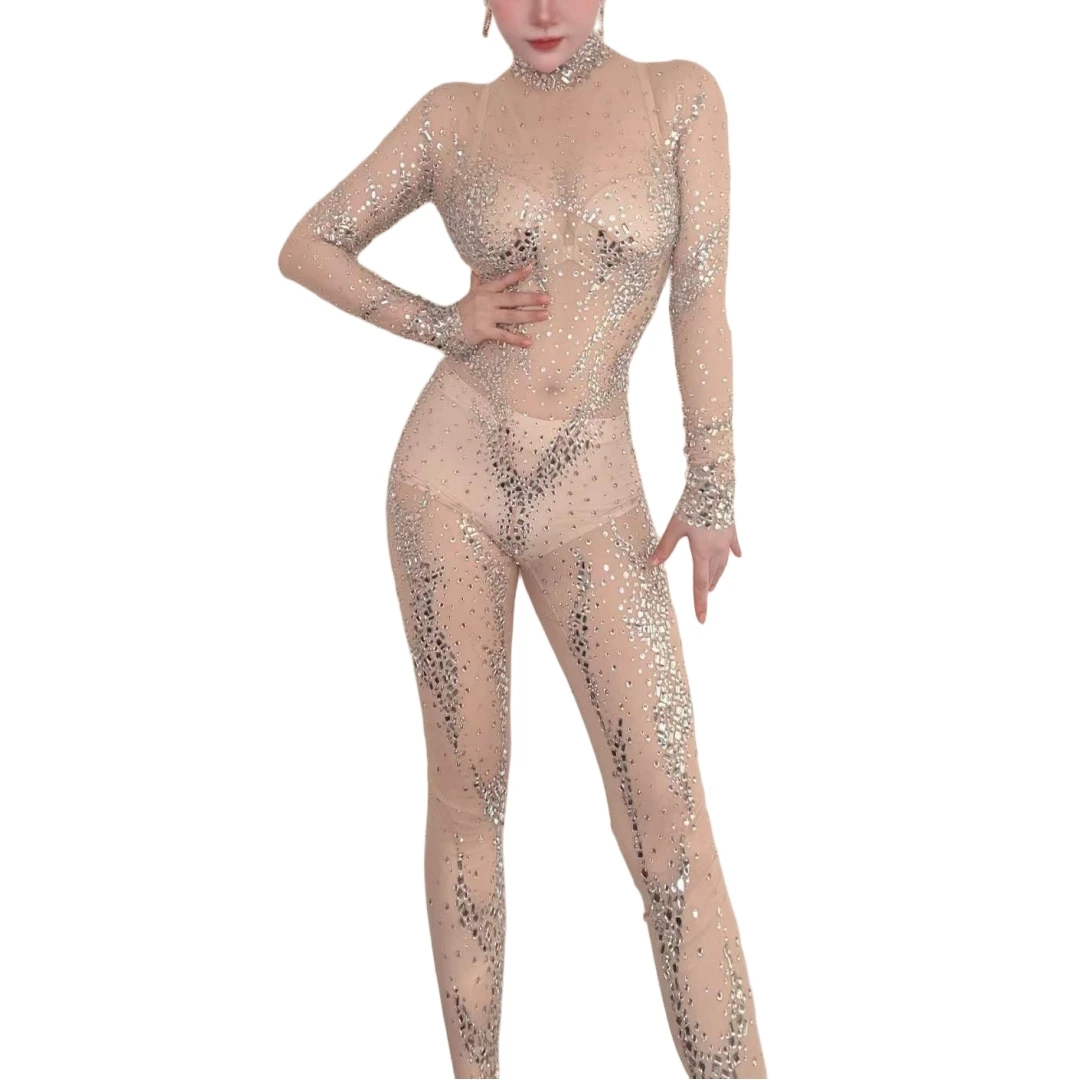 

Sparkling Women Nude Sexy Rhinestone Jumpsuit Nightclub Outfits Starry Bodysuit Party Singer Stage Costumes