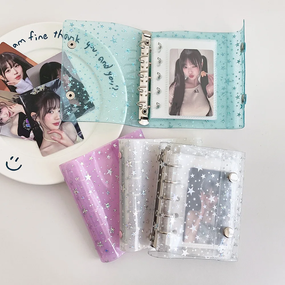 Y2k Fashion Transparent Sparkling M5 Stars Loose Leaf Card Album Cute Girl Idol 3in Photo Storage Buckle Card Holder Diary Book image 3