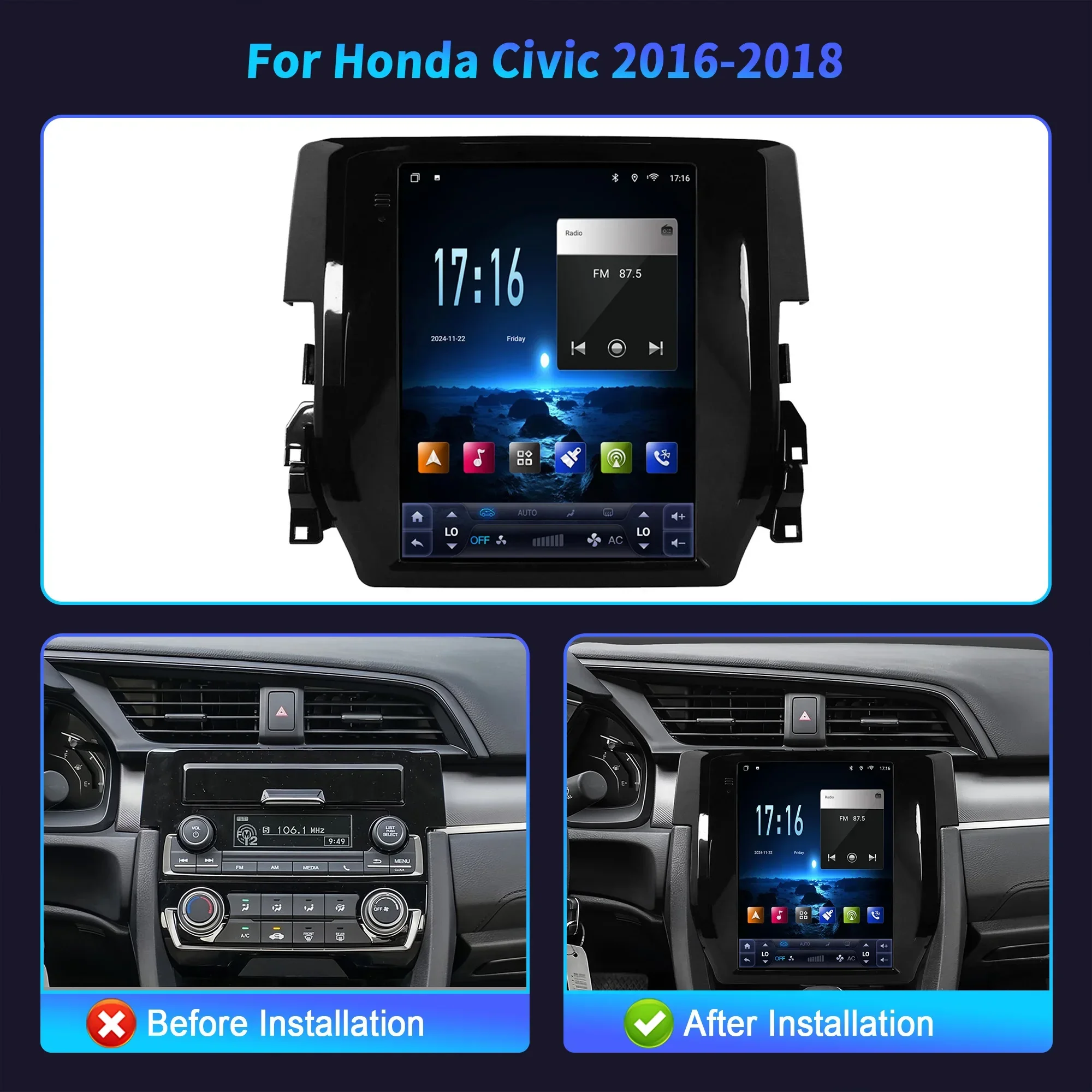 9.7inch For European Left Rudder Honda Civic 2016-2018 Car Radio Android Multimedia Navigation CarPlay 4G GPS Screen Stereo GPS