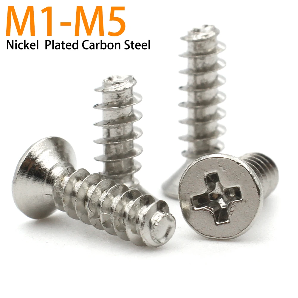 200pcs M1 M1.4 M2 M2.6 M3 M4 Carbon Steel Recessed Countersunk Self-tapping Screws Nickel Plated Flat Phillips Screw