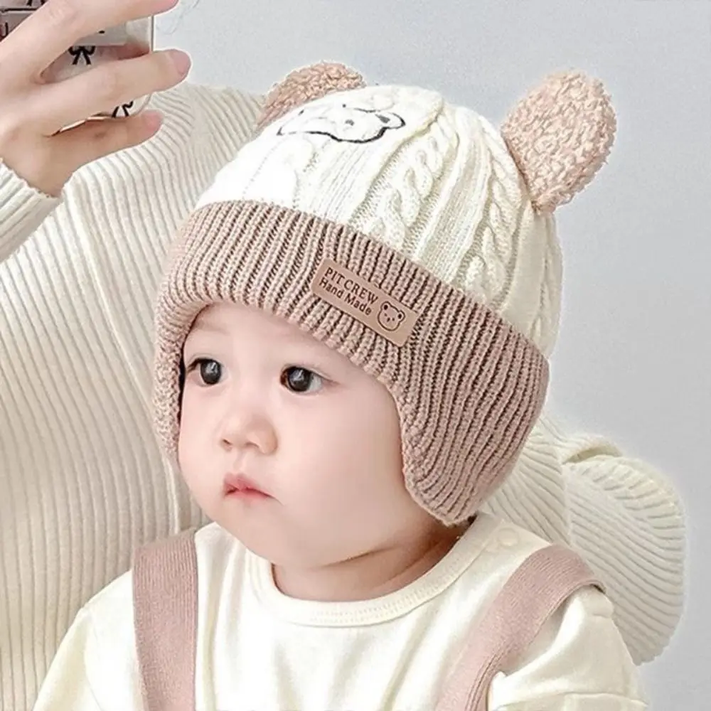 Fashion Winter Warm Hat Cute Bear Cold Proof Ear Protection Cap Windproof Velvet Lining Pullover Hats for Baby