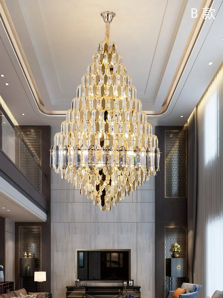 

Large Decorative High Ceiling Luxury Gold Clean Amber Crystal Long Chain Lamp Lobby Villa Staircase Corridor Large Chandelier