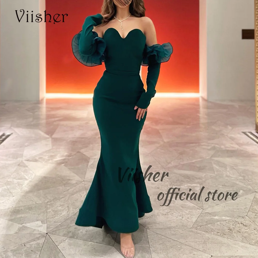 

Viisher Green Mermaid Evening Dresses 3/4 Sleeve Mono Satin Sweetheart Bodycon Prom Dress Floor Length Dubai Arabic Formal Gowns