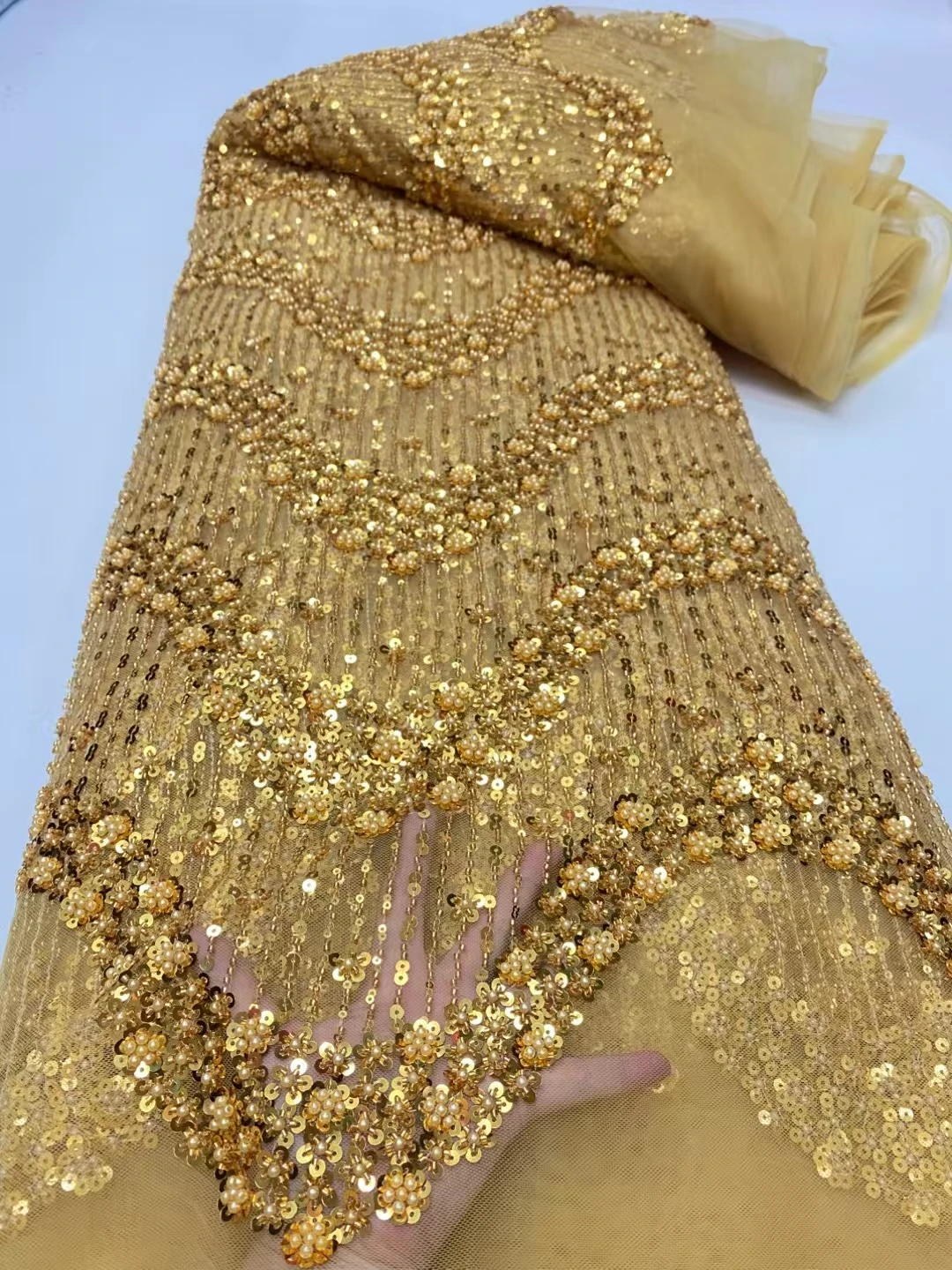 Luxury Bead Tube Embroidery African Lace Fabric 2025 High Quality French Sequined Tulle Fabric For Nigerian Wedding Party