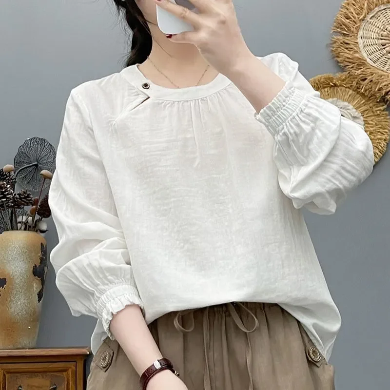 Women Solid Cotton Blouse Round Neck Pleated Long Sleeve Shirt Loose Casual Breathable Top Spring Autumn Daily Wear S-XL