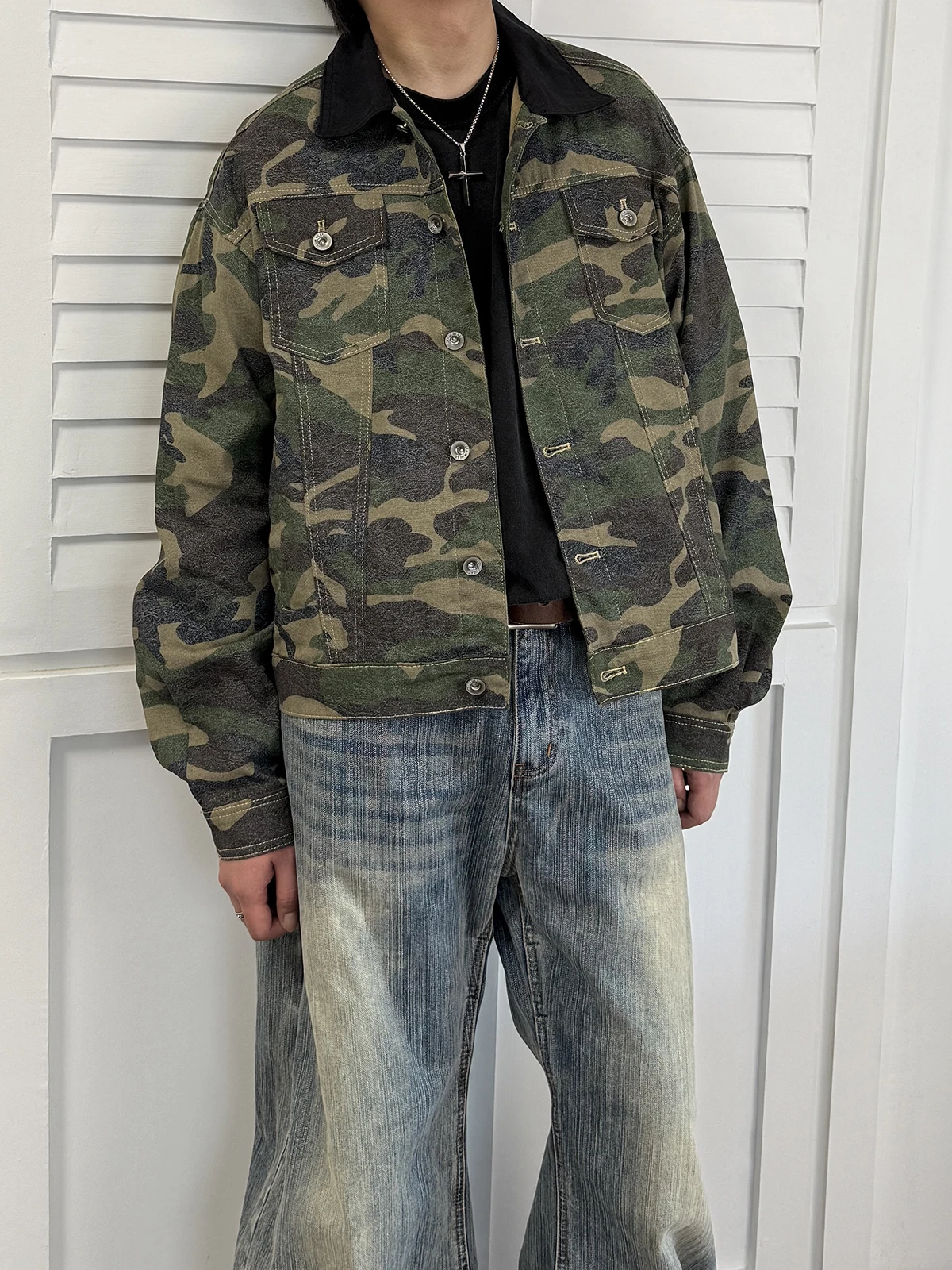 

KUBU American Vintage Hunting Jaet Color Blo Camouflage Sle Men's Workwear Collar Haome Denim Top Cotton Long Sve