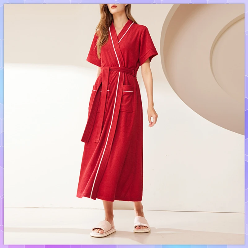 Solid White Cotton Kimono Long Robe Women's Dressing Gown Girl Absorbent Terry  Light Weight Towel Bathrobe Sleepwear Nightgown