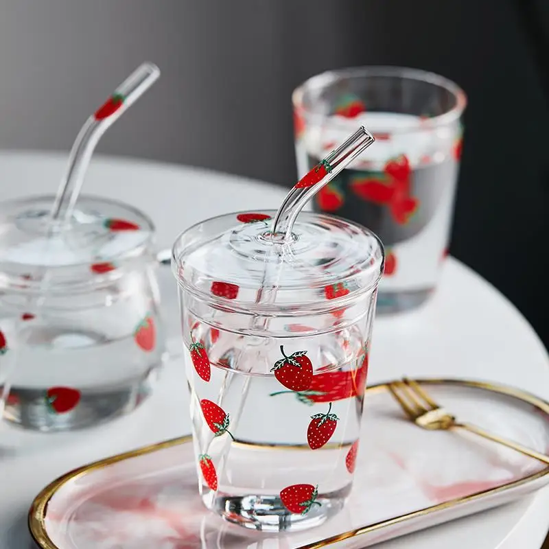 Cute Strawberry Glass  Heat Resistant Coffee Milk Water Cups With Lid and Straw Clear Cute Juice Smoothie Cold Drinks Straw Cup