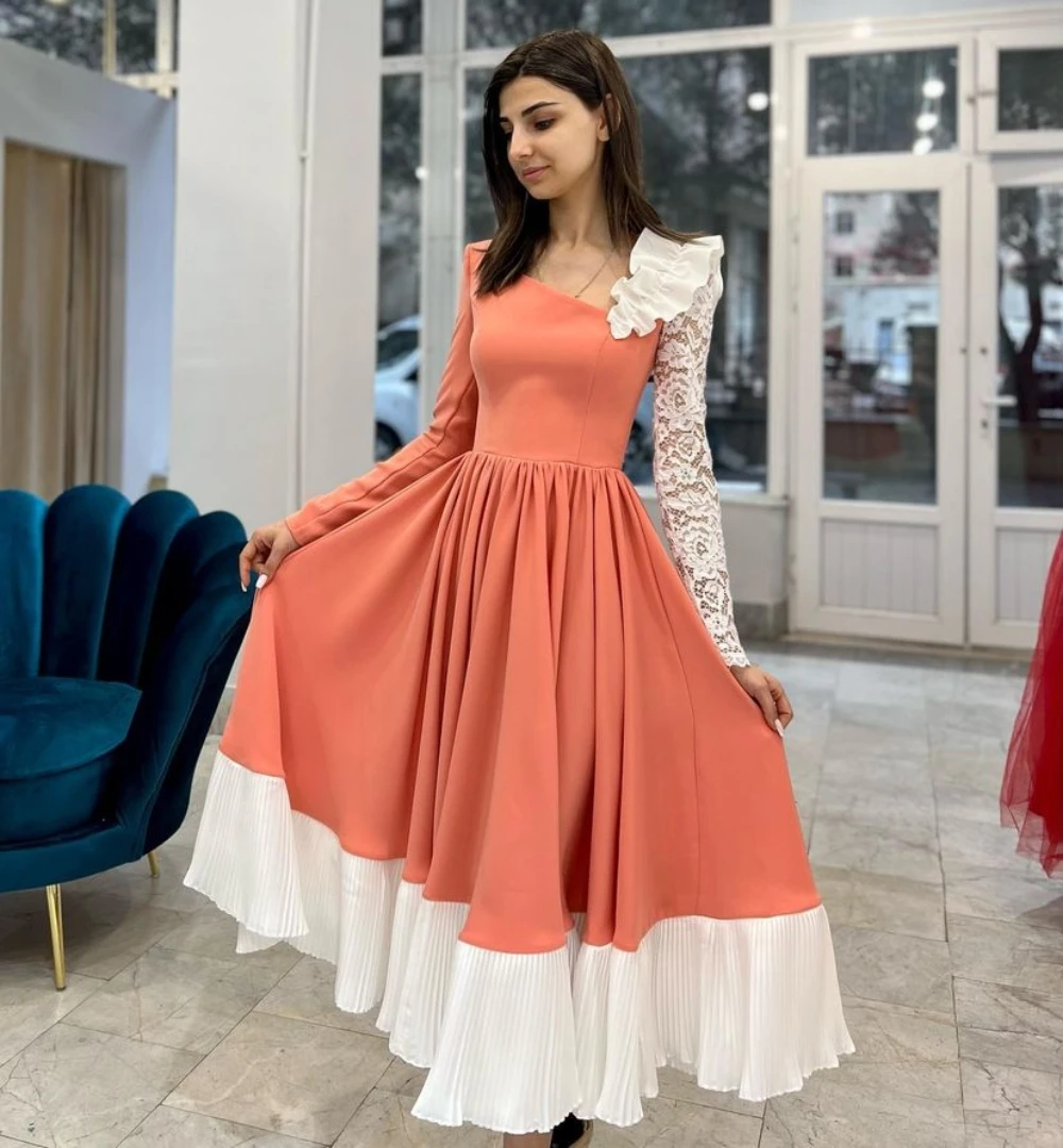 

Santorini Contrast Prom Dresses 2023 Lace Long Sleeves فساتين مناسبة رسمية Ruched A Line Special Party Evening Vestidos De Noche