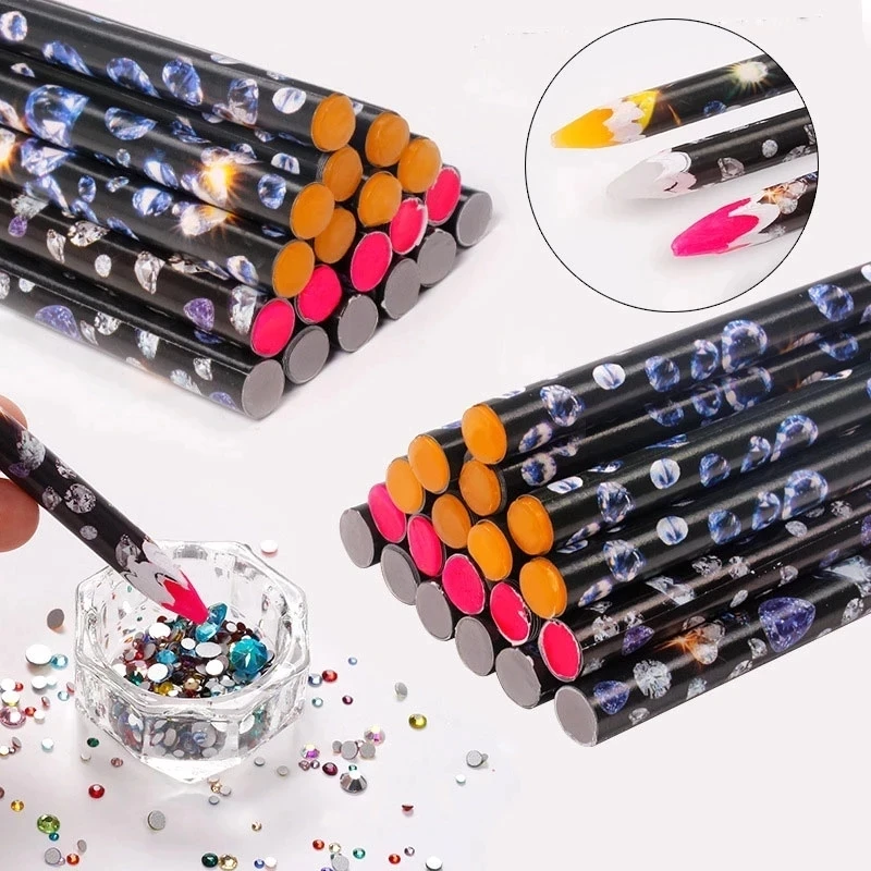 12pcs Crayon Wax Dotting Pen 3 Color Pencil Nail Art Self-adhesive Rhinestones Gems Drilling Picking Picker Tips Nail Tools