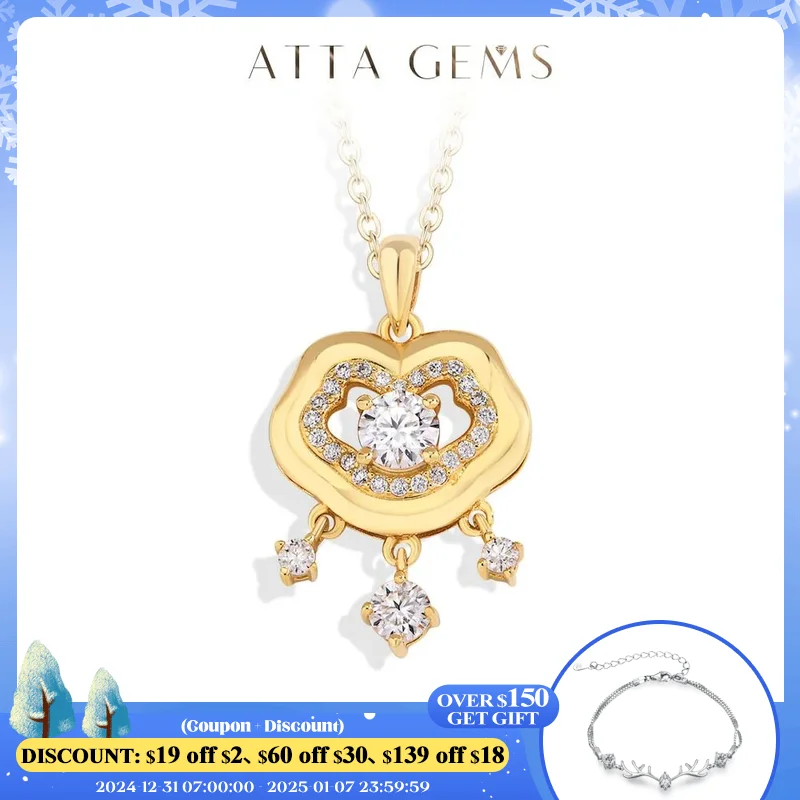 

ATTAGEMS Luxury Chinese Lock Moissanite Pendant Necklace For Women Men Pure 18K 14K 10K Gold Birthday Party Anniversary Jewelry