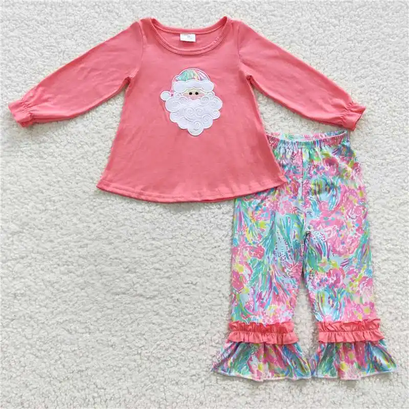 Fashion Christmas Match Boys Girls Santa Claus Embroidery Pink Colorful Patter Set Wholesale Boutique Children Clothing RTS