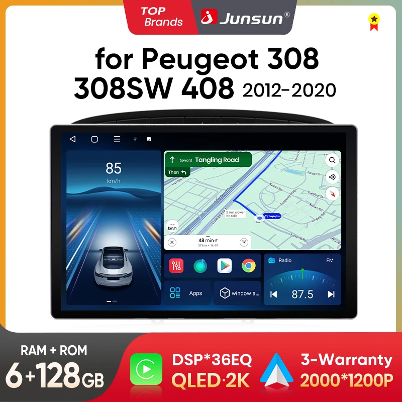 Junsun-Autoradio sans fil X7 MAX 2K HD CarPlay, avec GPS, 2DIN, pour KIT 308 308SW 408 2012-2020