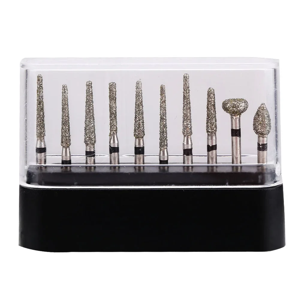 10pcs/set 1.6mm Dental Diamond Burs Drill for Teeth Porcelain Ceramics High Speed Handpiece Emery Needle Set Dentist Polish Tool