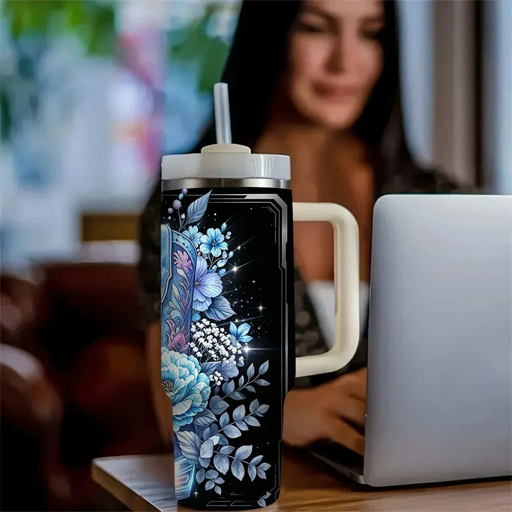 40Oz Tumbler with Handle, Gorgeous Blue Floral Cowboy Boot Print, Suitable for Western Style Lovers And Women, Perfect for Daily Use, Outdoor Travel Camping And Hiking, Holds Both Hot And Cold Drinks