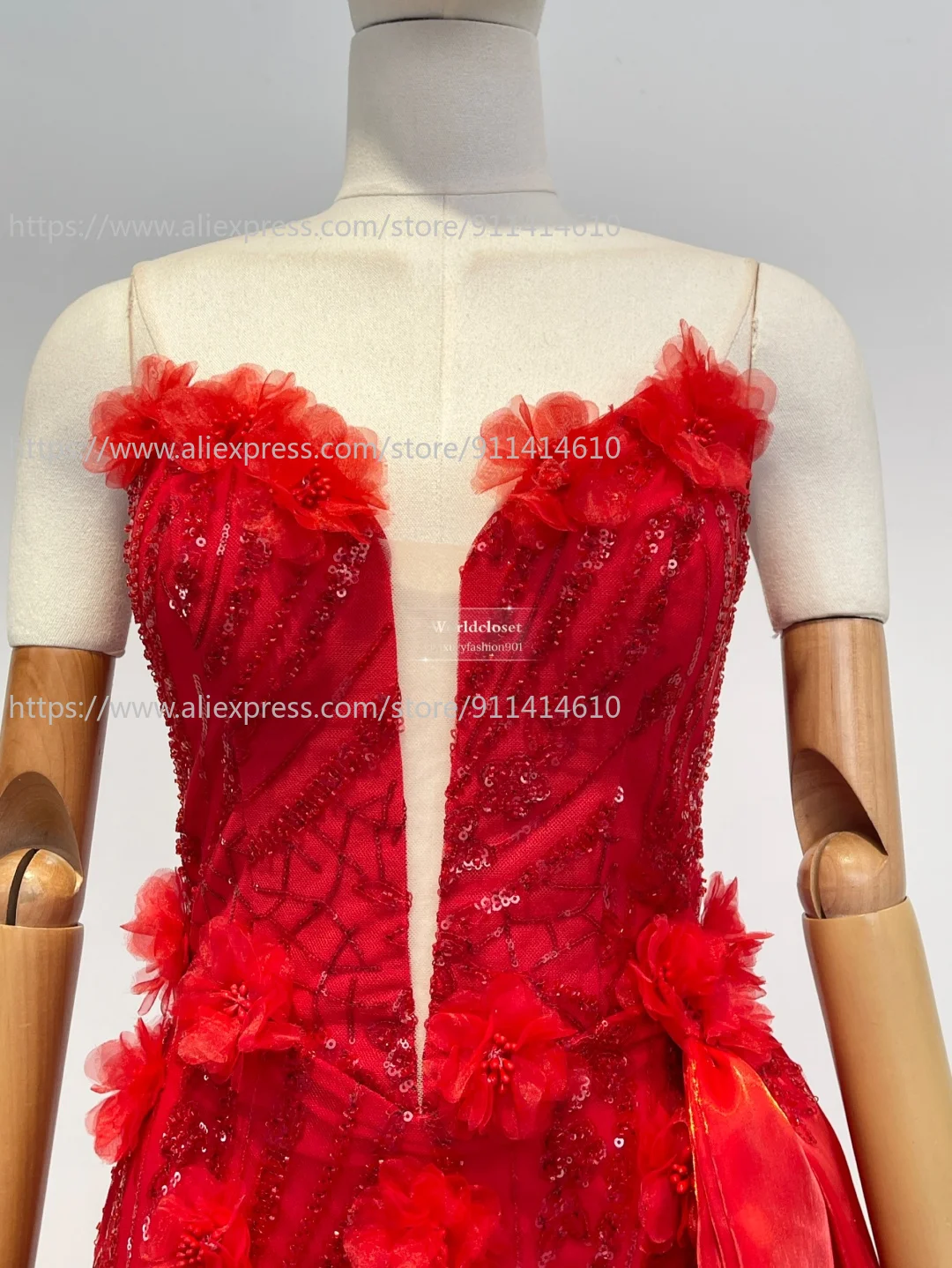 

2026 Women's Red Mesh Sequin Flower Appliqued Sleeveless Backless Tube Maxi Dress for Party