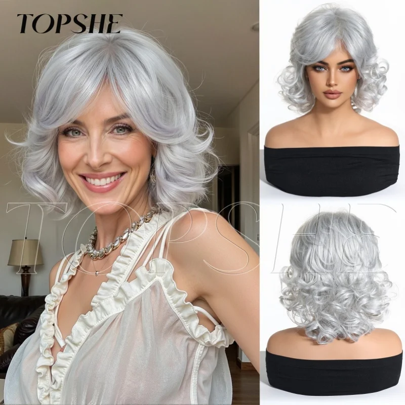 

Fashionable silver-white short curly hair wig for middle-aged elderly women, fluffy realistic bob style, European and Am