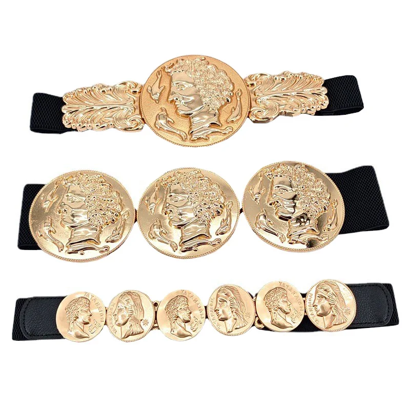 Ladies Shiny Gold Tone Big Round Coin Buckle Metal Belt Queen & Dophin Stretch Dress Belt For Women Fashion Accessory