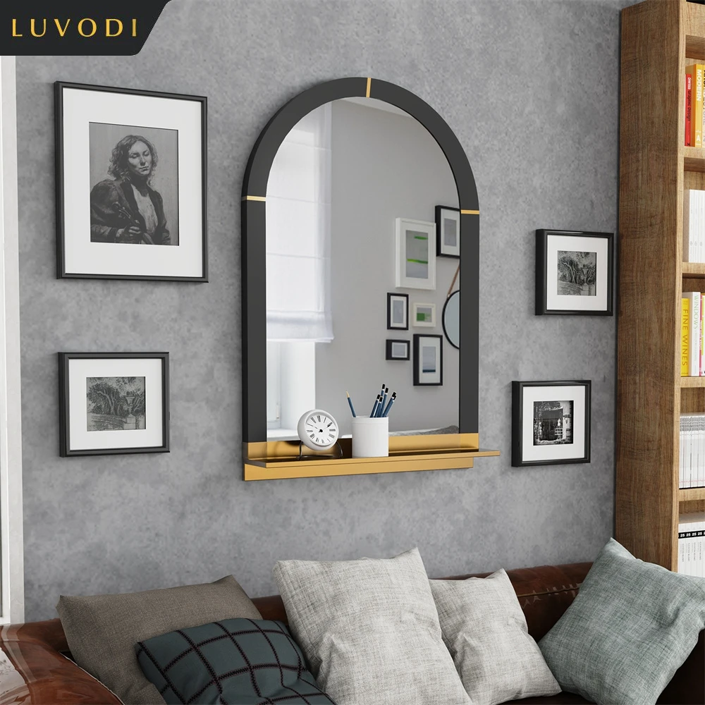 LUVODI Vintage Wall Mirror with Storage Black Arched with Gold Shelf Bath Mirror Vanity Mirror