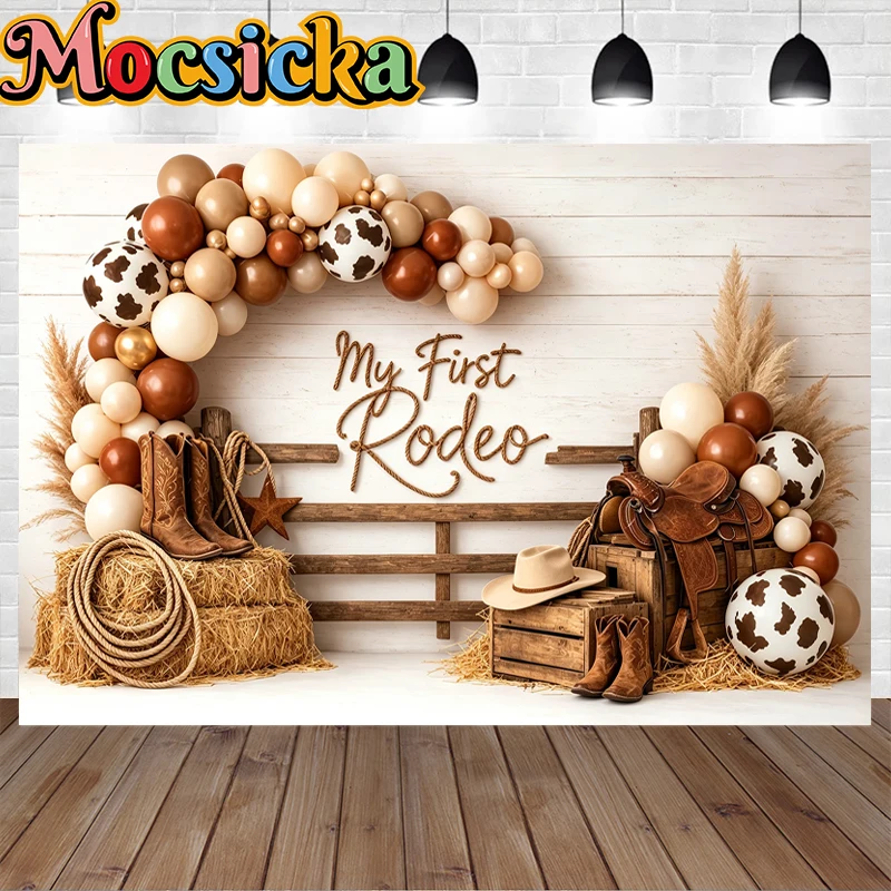 Mocsicka My First Rodeo Photography Backdrop Western Cowboy Balloon Background Baby Boy Cowboy 1st Birthday Cake Smash Photo