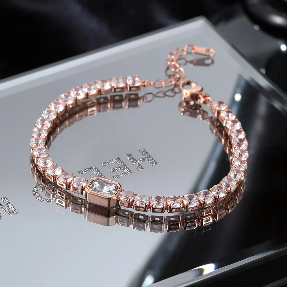 Korean Fashion Tennis Bracelet Women Simple Iced Out Multicolor Zircon Rose Gold Color Bangle Hand Jewlery Friend Gift KCH032