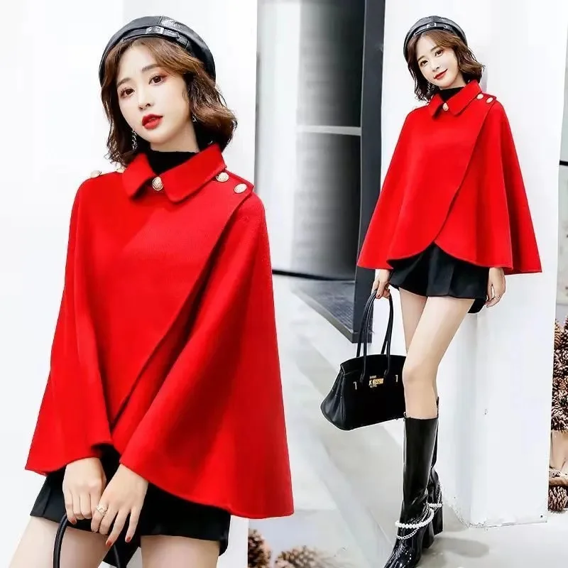 Longfeng Ni Woolen Coat Women\'s Shawl Cloak-Style 2023 Autumn and Winter New Cloak Short Woolen Outcoat Female