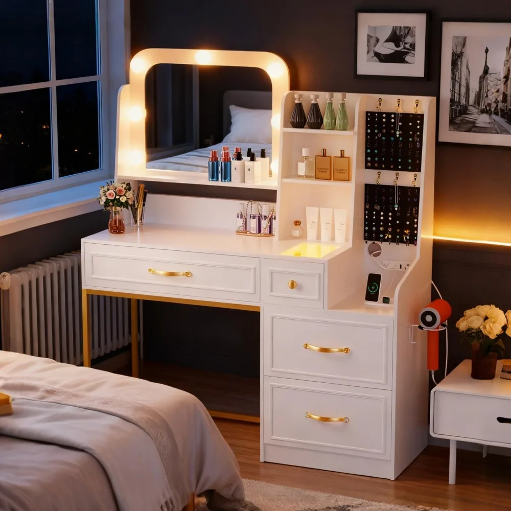 

Makeup Vanity Desk with Mirror and Lights, Glass Top Dresser with Charging Station, Vanity Table with Storage and Jewelry Stand