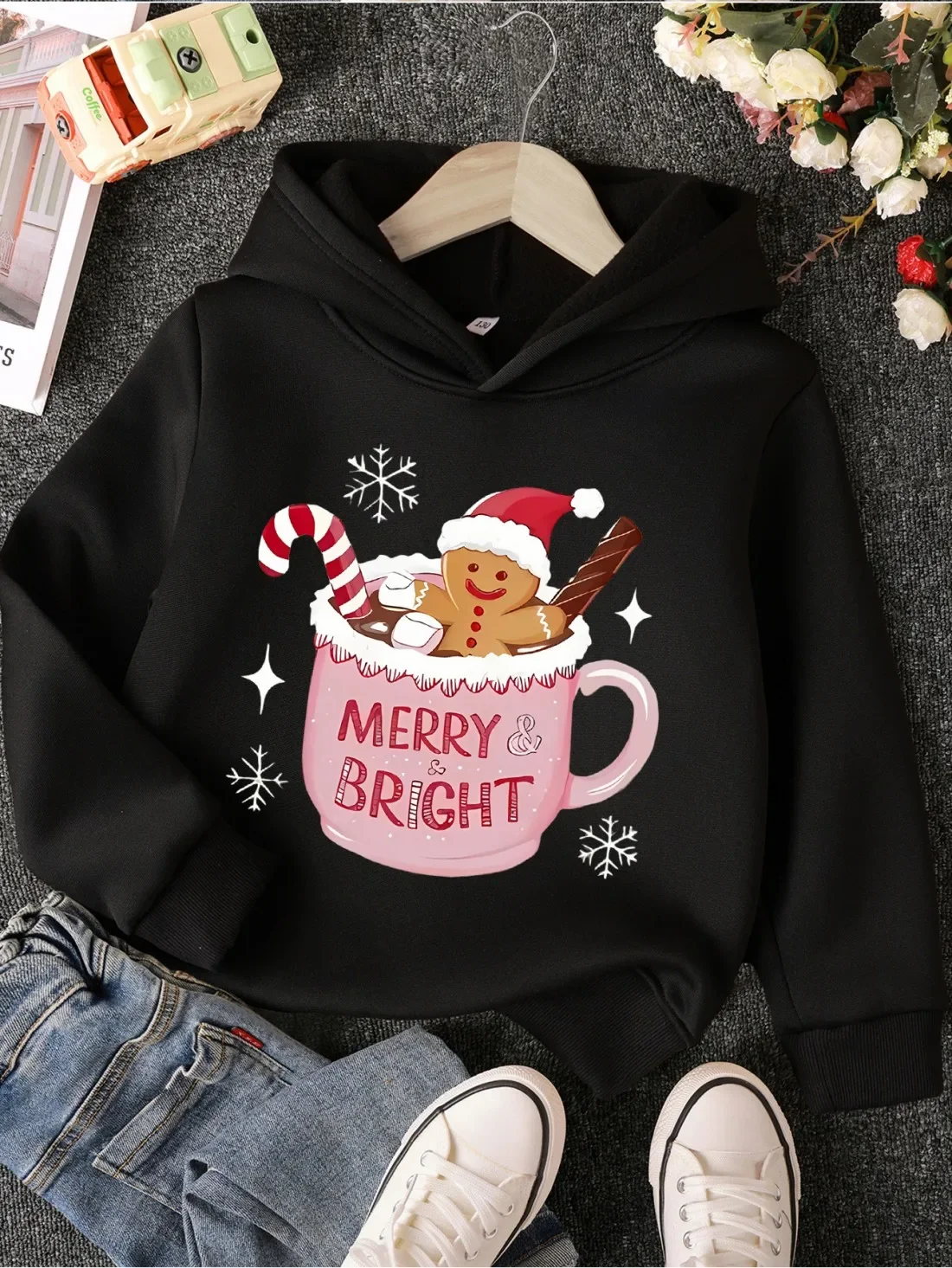 Kids Festive Christmas Hoodie Merry Bright Gingerbread Print Pullover Autumn Winter Fleece Warm Cute Holiday Hooded Sweatshirt