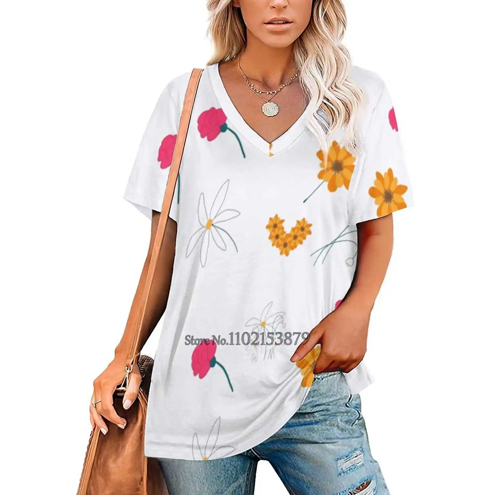 Flowers I Zipper Sexy T-Shirt Casual Tops Hollow Pullover Ladies Top T Shirts Flowers Spring Rose Daisy Daisies Sunflower