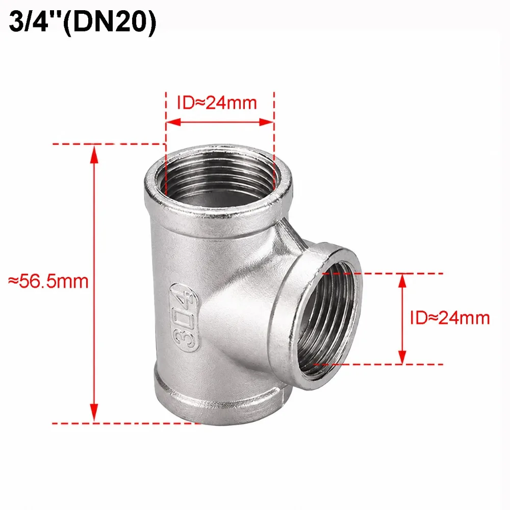 304 Stainless Steel Pipe Fitting BSP Female Thread Three-Way Pipe Tee Adapter 1/8