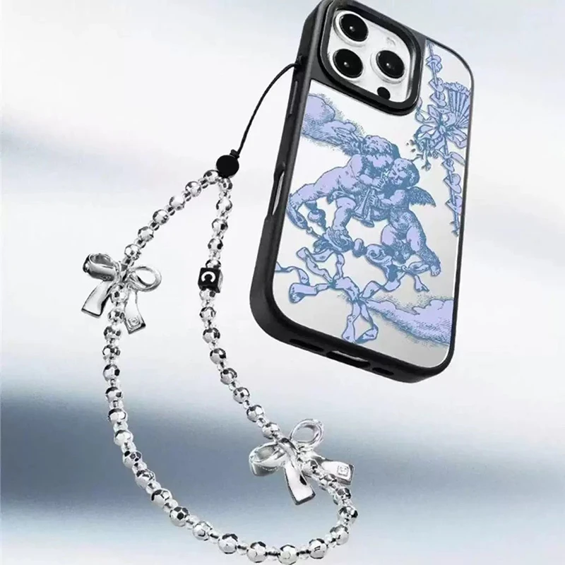 

Silver Bowknot Lanyard Mirror Magnetic Phone Case Cover for IPhone 11 12 13 14 15 16 Pro Max Case for IPhone 16 Pro Max