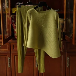 GGHK Miyake 2 Piece Sets Classic 2025 Autumn New Irregular Loose Long Sleeve Tops Harem Pants Women Vintage Desighner Clothes