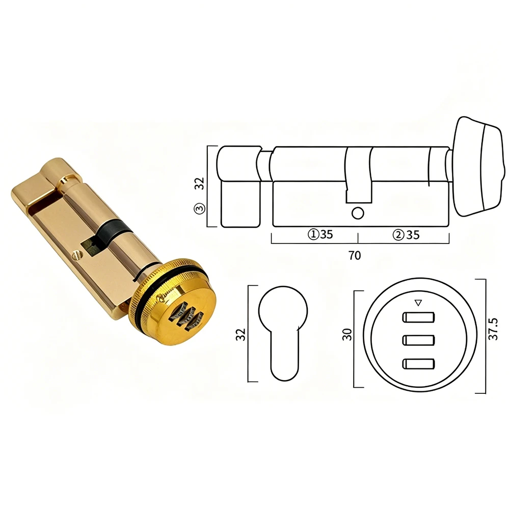 Mechanical Combination Lock Cylinder 70mm for Wooden Doors Zinc Alloy Keyless Lever Handle 70x32x30mm Gold Tone