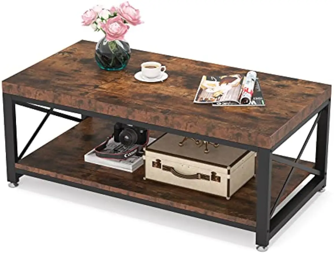 Industrial Coffee Table, 43 inch Cocktail Table with Storage Shelf for Living Room, 2 Tier Rectangle Center Table Tea