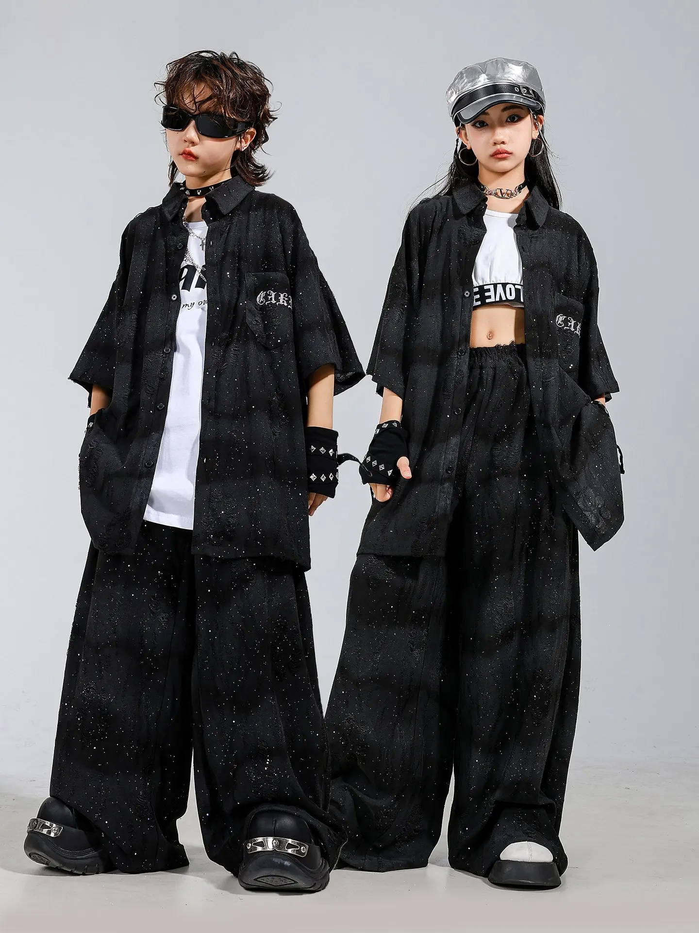 Vêtements Hip Hop brillants pour enfants, chemise noire à paillettes, pantalon pour garçons, manches courtes, Costume de spectacle de danse Jazz, Costume pour filles BL16549