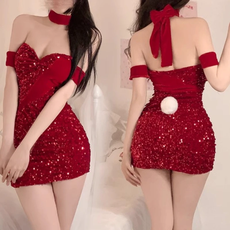 

Sexy Lingerie Hot Sexy Short Dresses with Glitter Christmas Cosplay Costume Valentine's Day Women's Lingerie Set Party Dresses