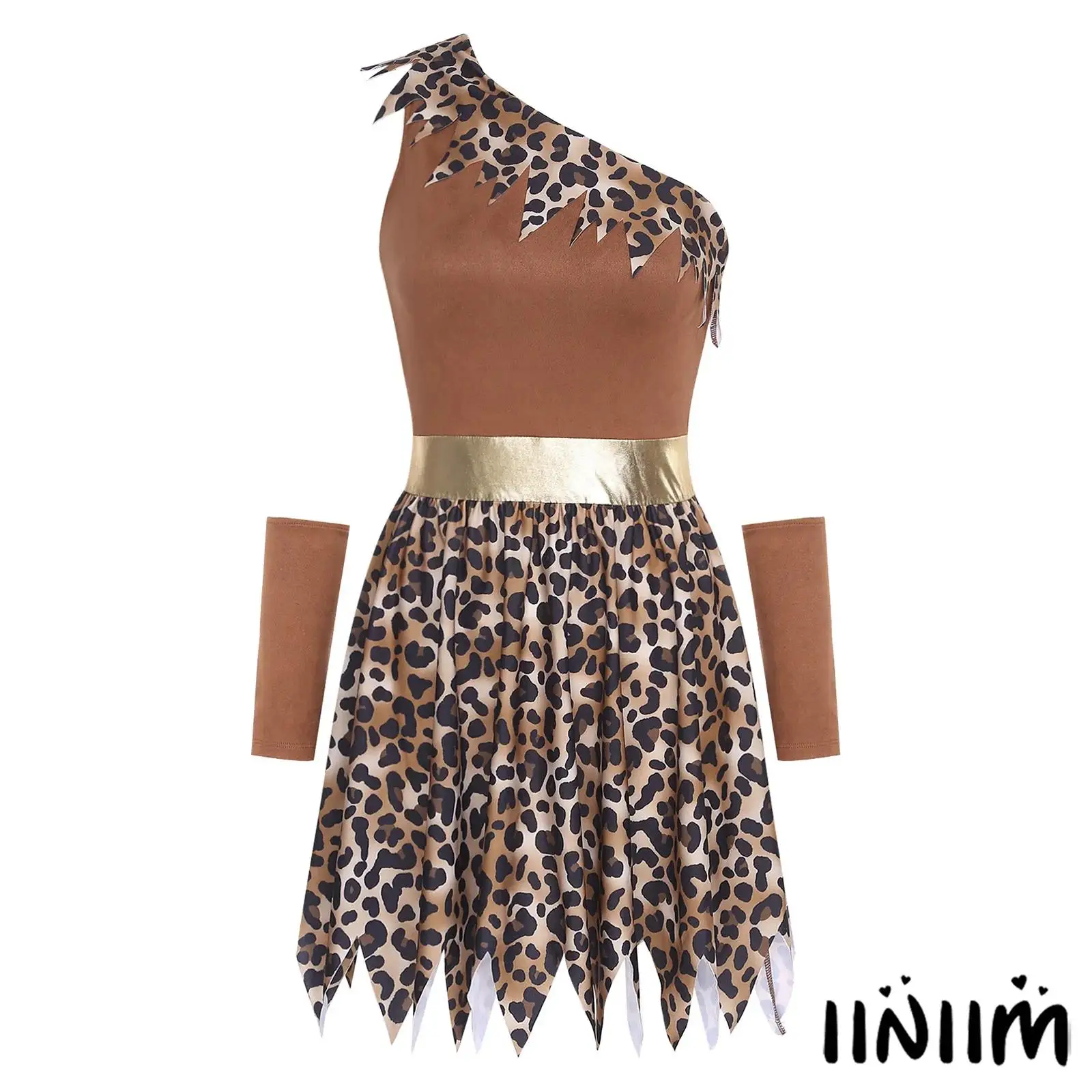

Women Prehistoric Cave Dress Patchwork Stone Age Print Detachable Fur Sleeves One Shoulder Flame Hem Halloween Roleplay Set