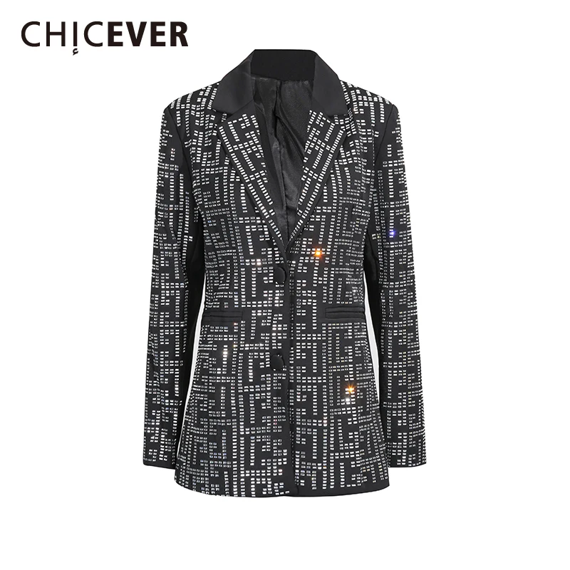 

CHICEVER Solid Spliced Hot Fix Jacket Female Lapel Long Sleeve Slimming Light Mature Women's Jackets Autumn Fashion Style New