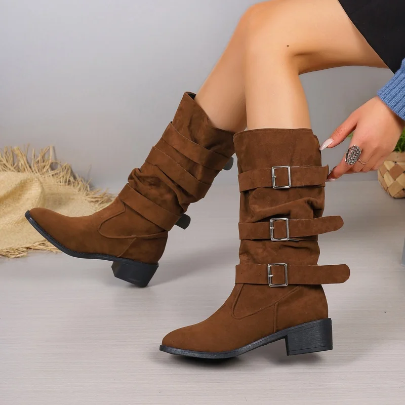 Cow Suede Mid-Calf Modern Boots for Women Fashion Winter Solid Slip-on Rubber Ladies Shoes Med Heel Round Toe Pu Boots